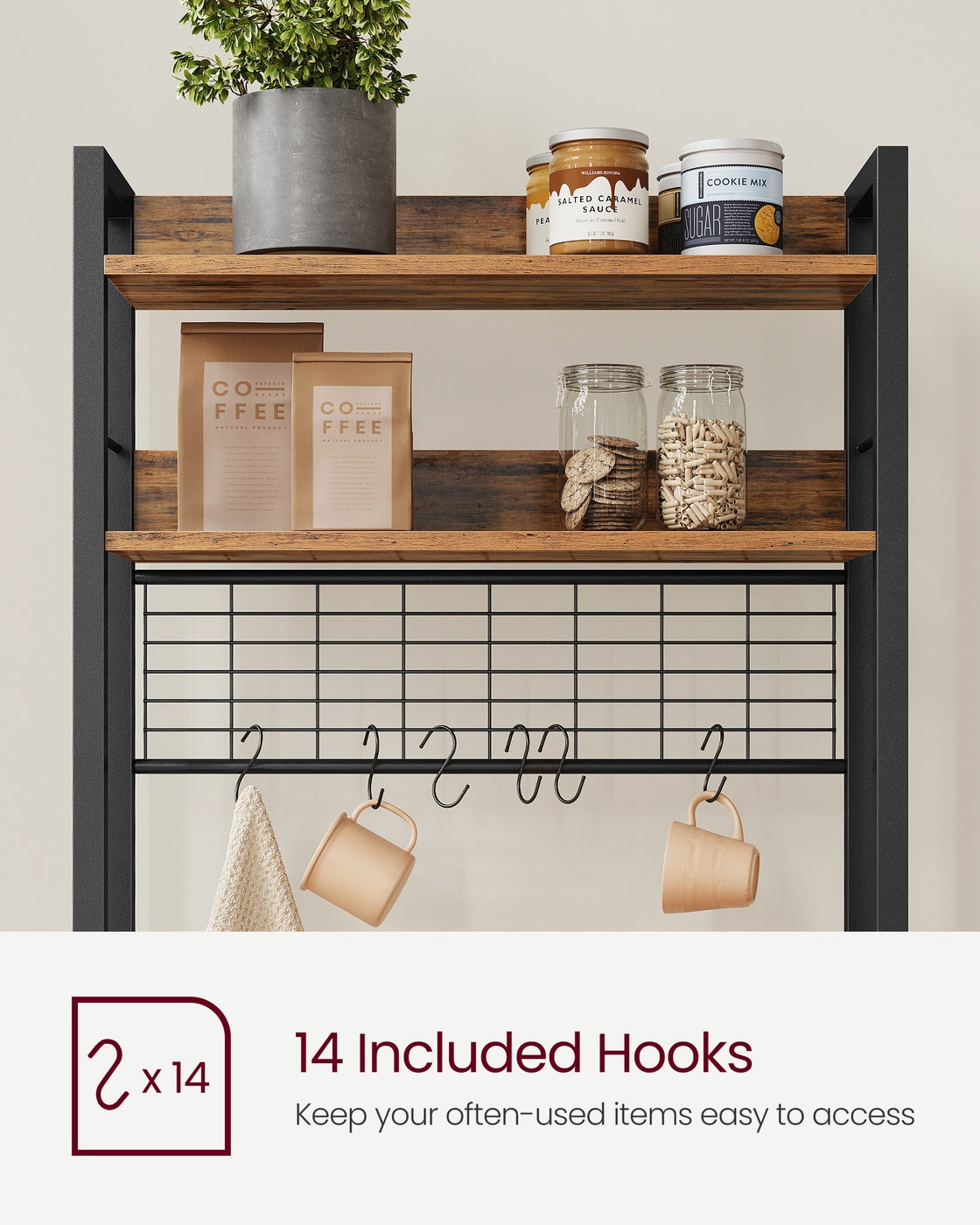 Hutch Bakers Rack with Power Outlet - Rustic Brown, Black