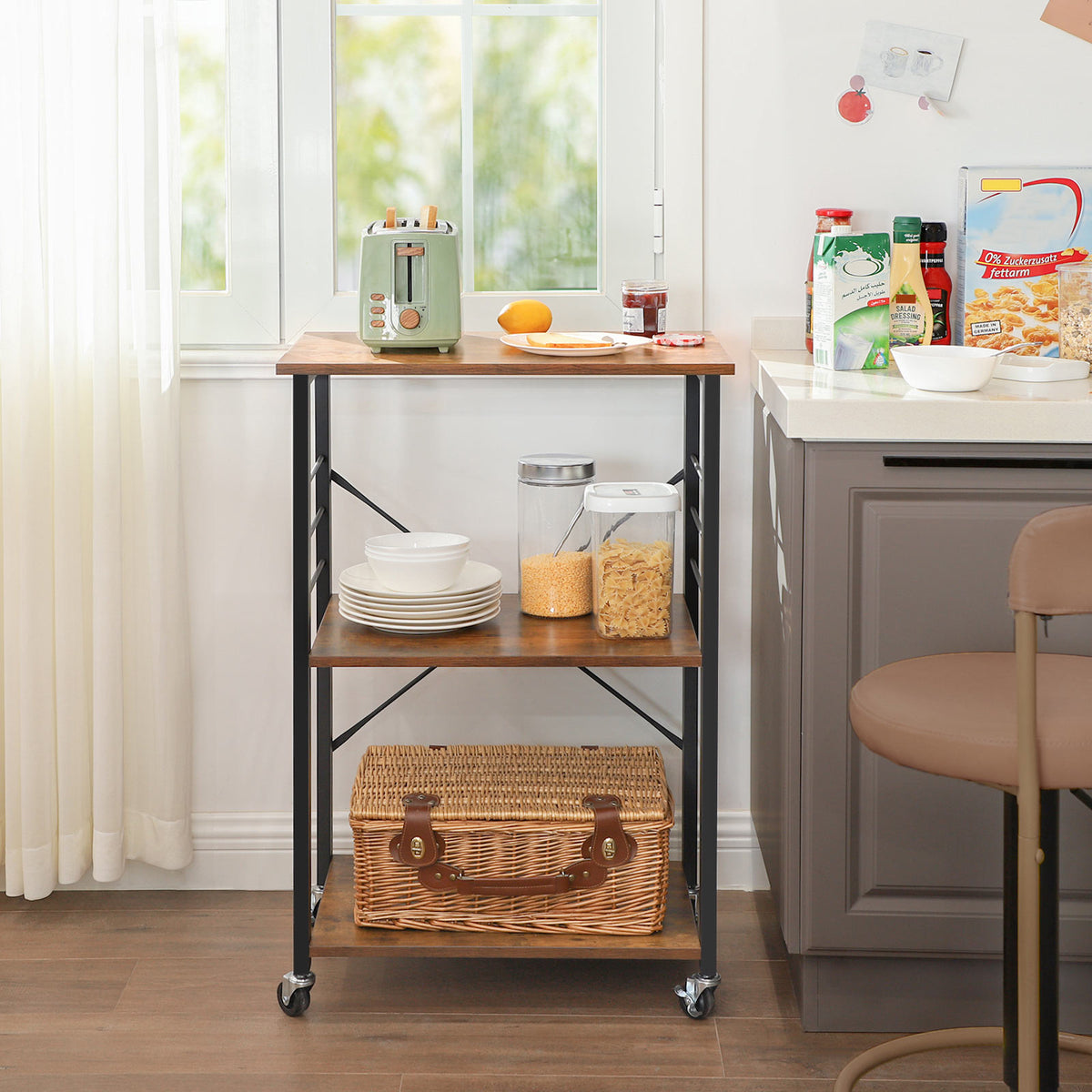 Industrial Kitchen Baker's Rack - 3 Tier - Microwave Stand with 6 Hooks
