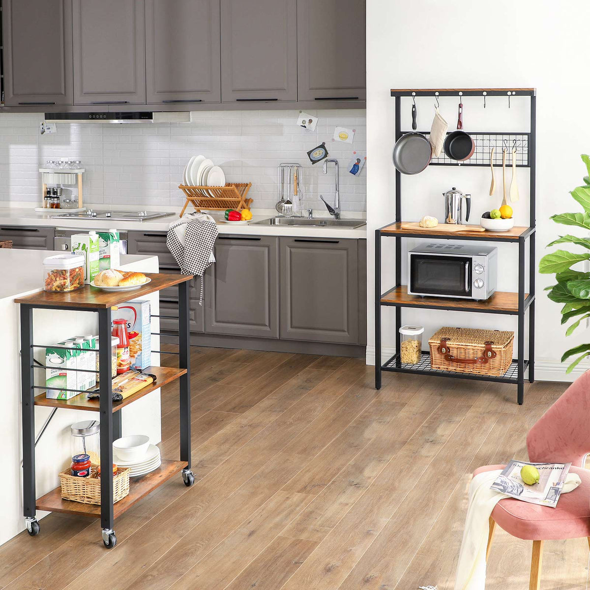 Industrial Kitchen Baker's Rack - 3 Tier - Microwave Stand with 6 Hooks