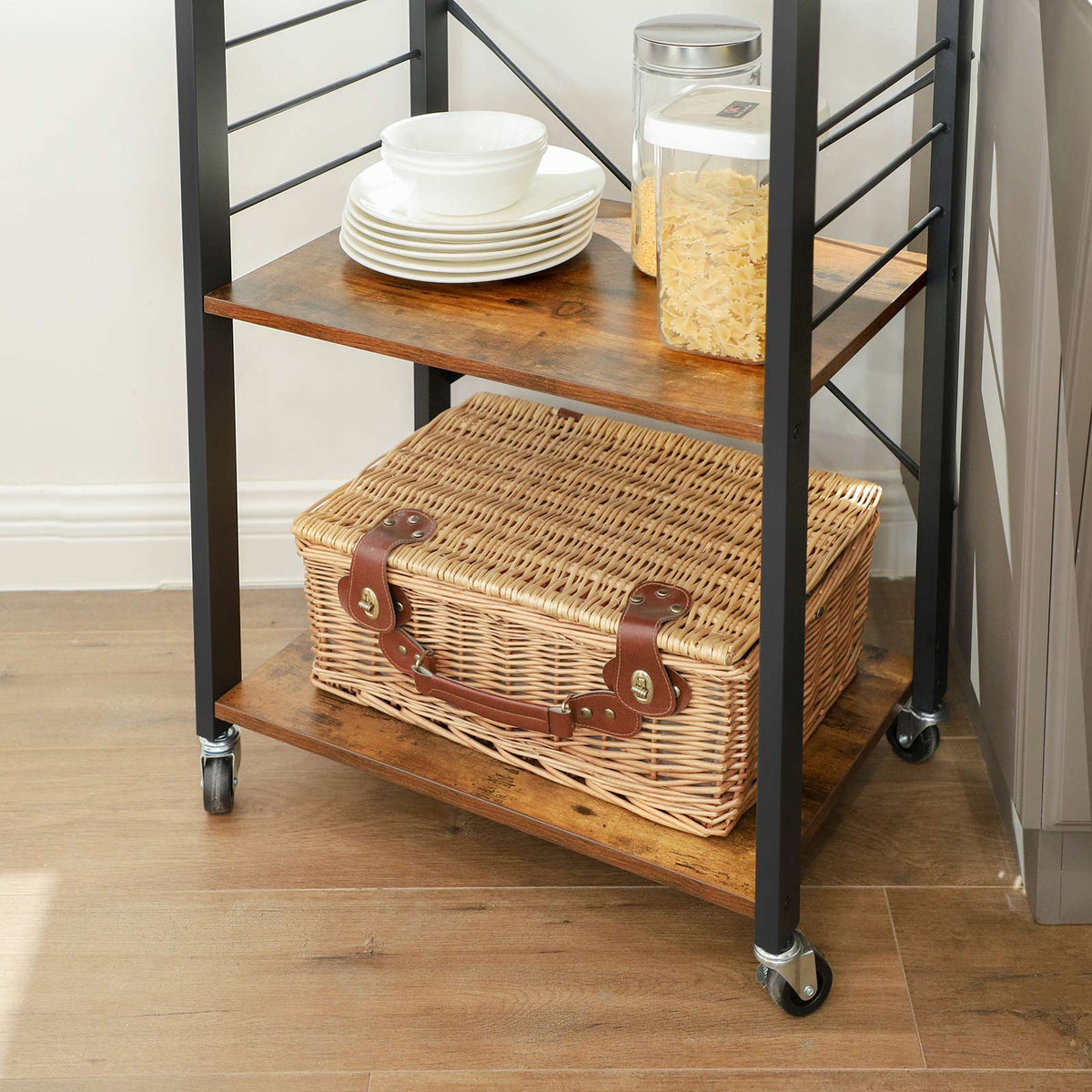 Industrial Kitchen Baker's Rack - 3 Tier - Microwave Stand with 6 Hooks