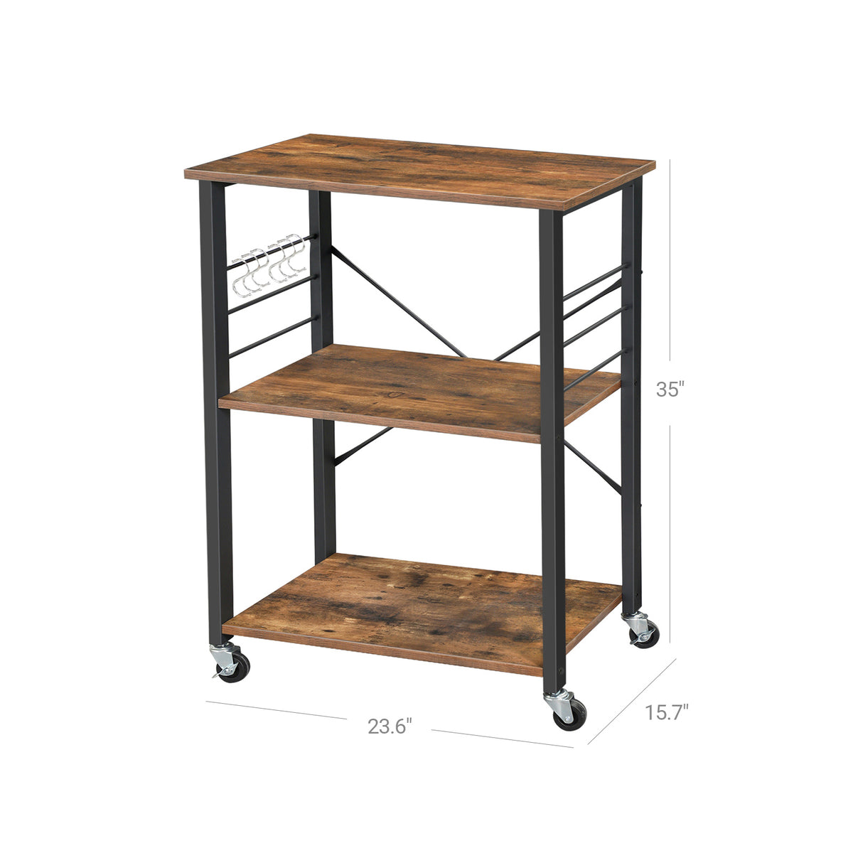 Industrial Kitchen Baker's Rack - 3 Tier - Microwave Stand with 6 Hooks