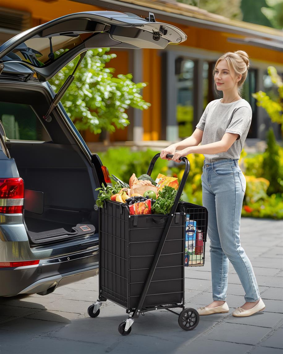 Foldable Shopping Cart with 360° Swivel Wheels - Ink Black