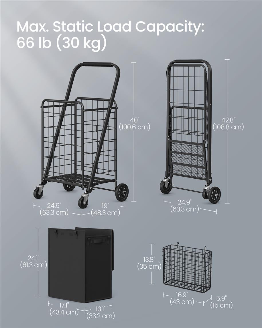 Foldable Shopping Cart with 360° Swivel Wheels - Ink Black