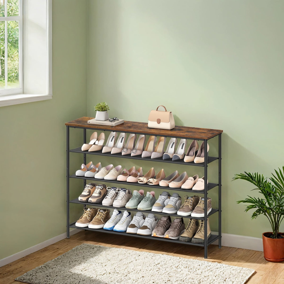 Shoe Storage Shelf - 4-Tier Fabric Shelves - Rustic Brown and Black