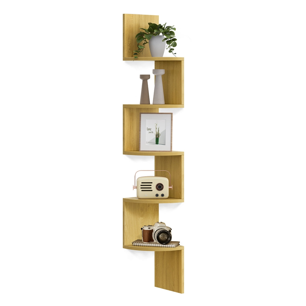 5-Tier Floating Corner Bookshelf - Natural Oak
