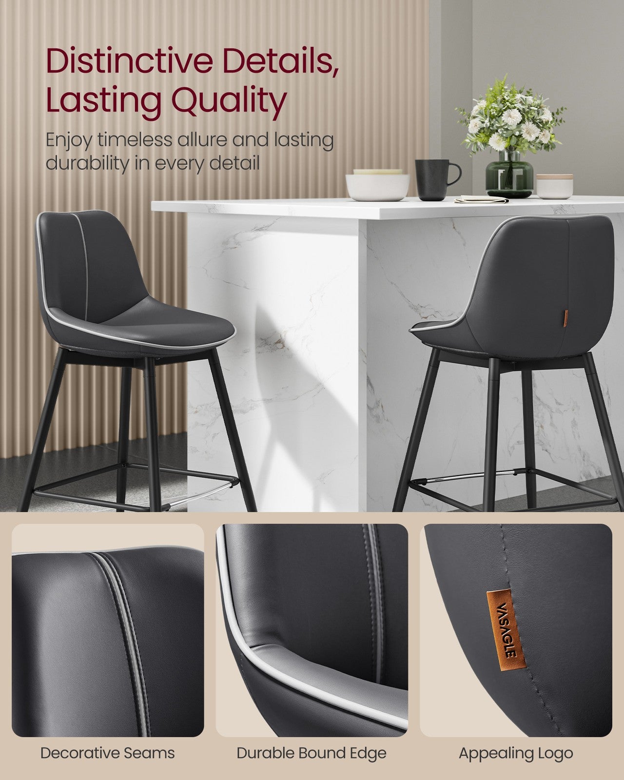 Counter Height Bar Stools with Back Set of 2 - Ink Black