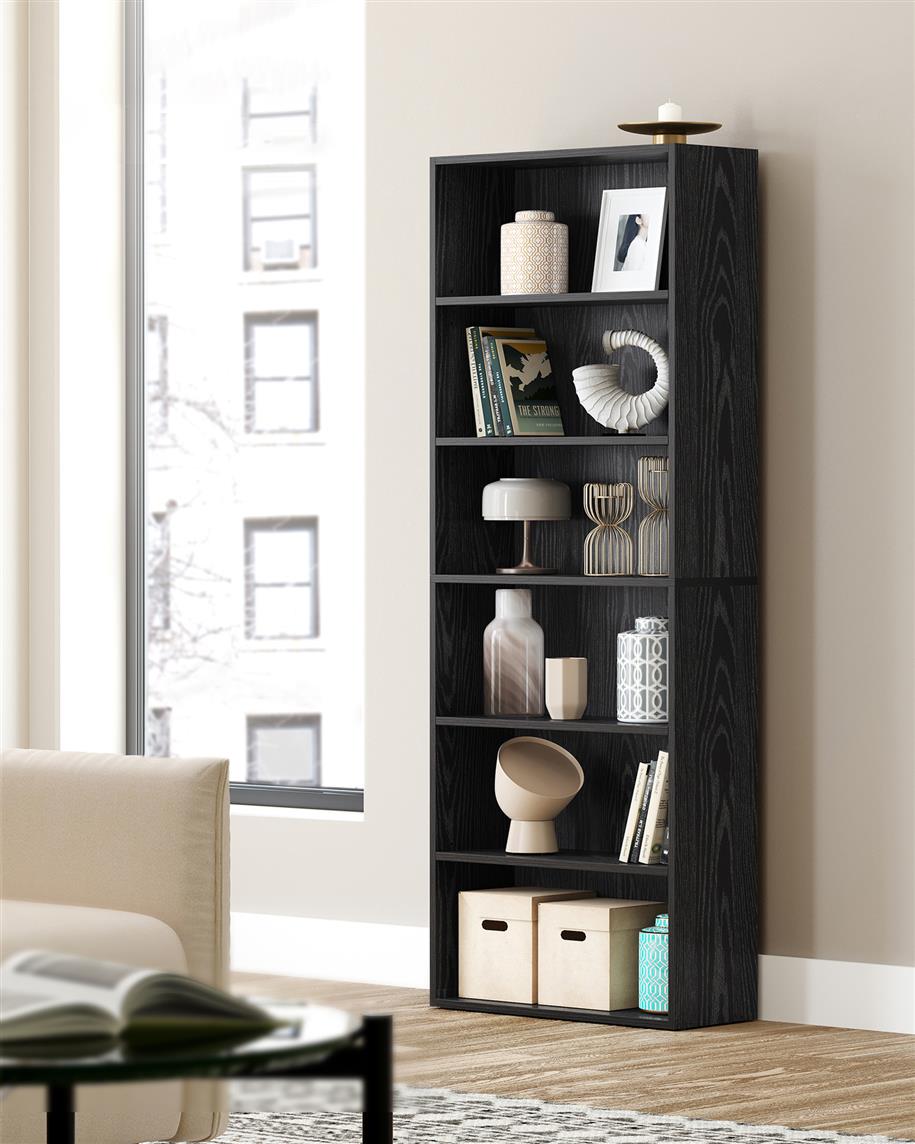 6-Tier Open Bookcase with Adjustable Storage Shelves - Black with Wood Grain
