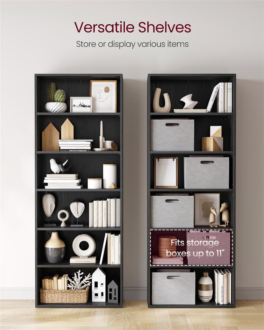 6-Tier Open Bookcase with Adjustable Storage Shelves - Black with Wood Grain