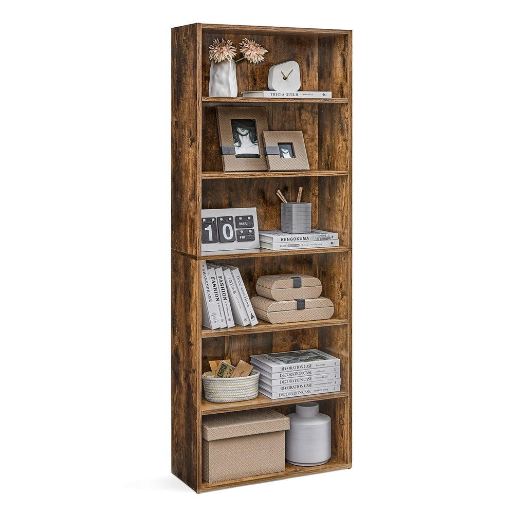 6-Tier Open Bookcase with Adjustable Storage Shelves - Rustic Brown