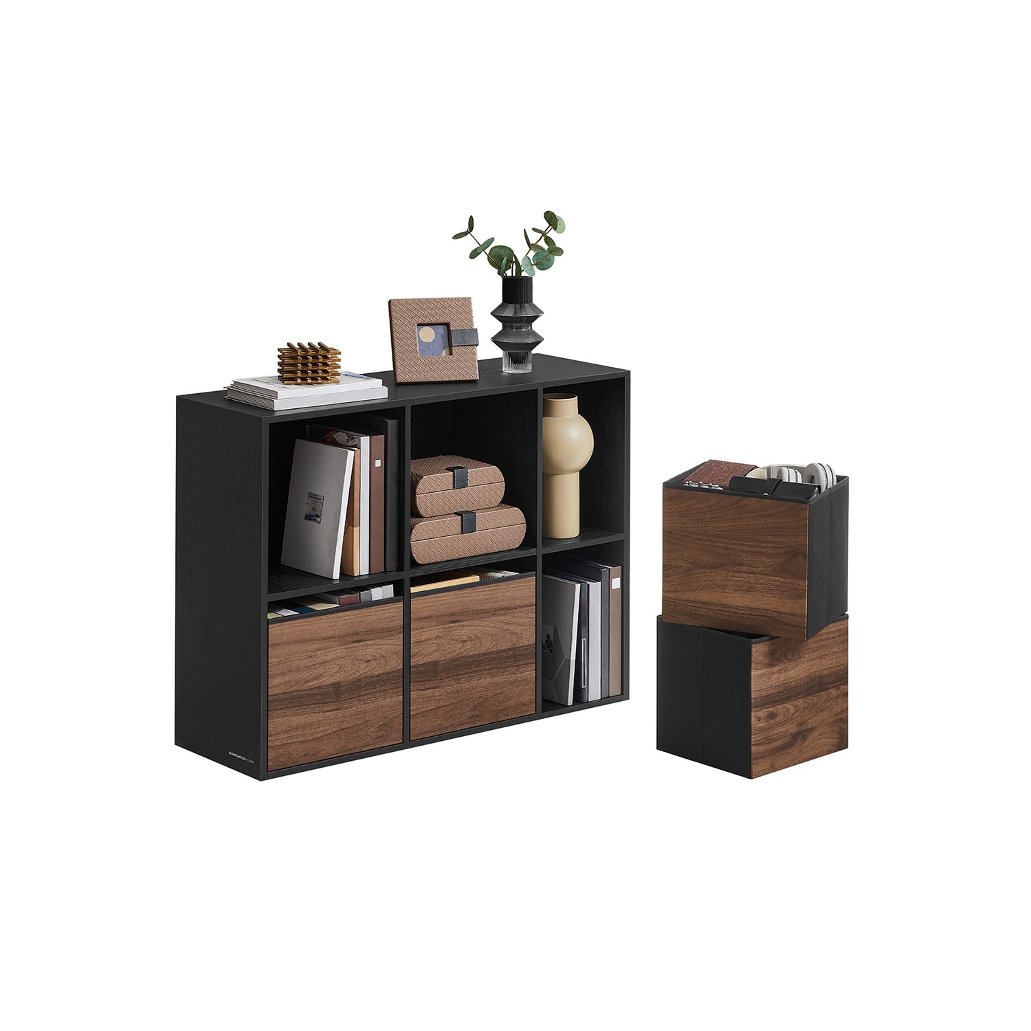 Bookshelf - Superfast Toolless Assembly - Cube Storage Organizer with 6 Compartments - Bookcase - 4 Fabric Drawers - 10.6 x 32.7 x 24.3 Inches - Natural Walnut and Ebony Black ULBC196B01 - Natural Walnut, Ebony Black