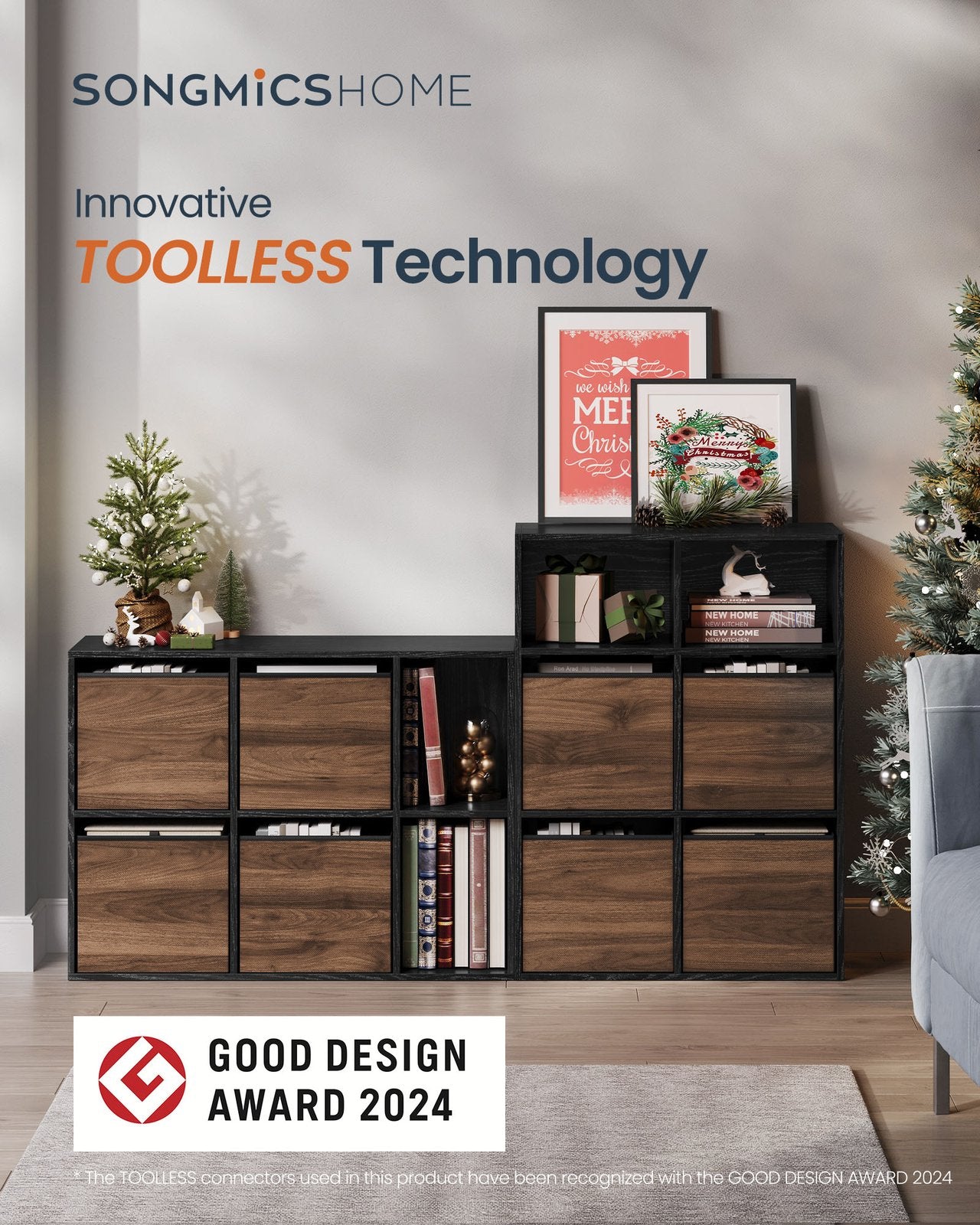 Bookshelf - Superfast Toolless Assembly - Cube Storage Organizer with 6 Compartments - Bookcase - 4 Fabric Drawers - 10.6 x 32.7 x 24.3 Inches - Natural Walnut and Ebony Black ULBC196B01 - Natural Walnut, Ebony Black