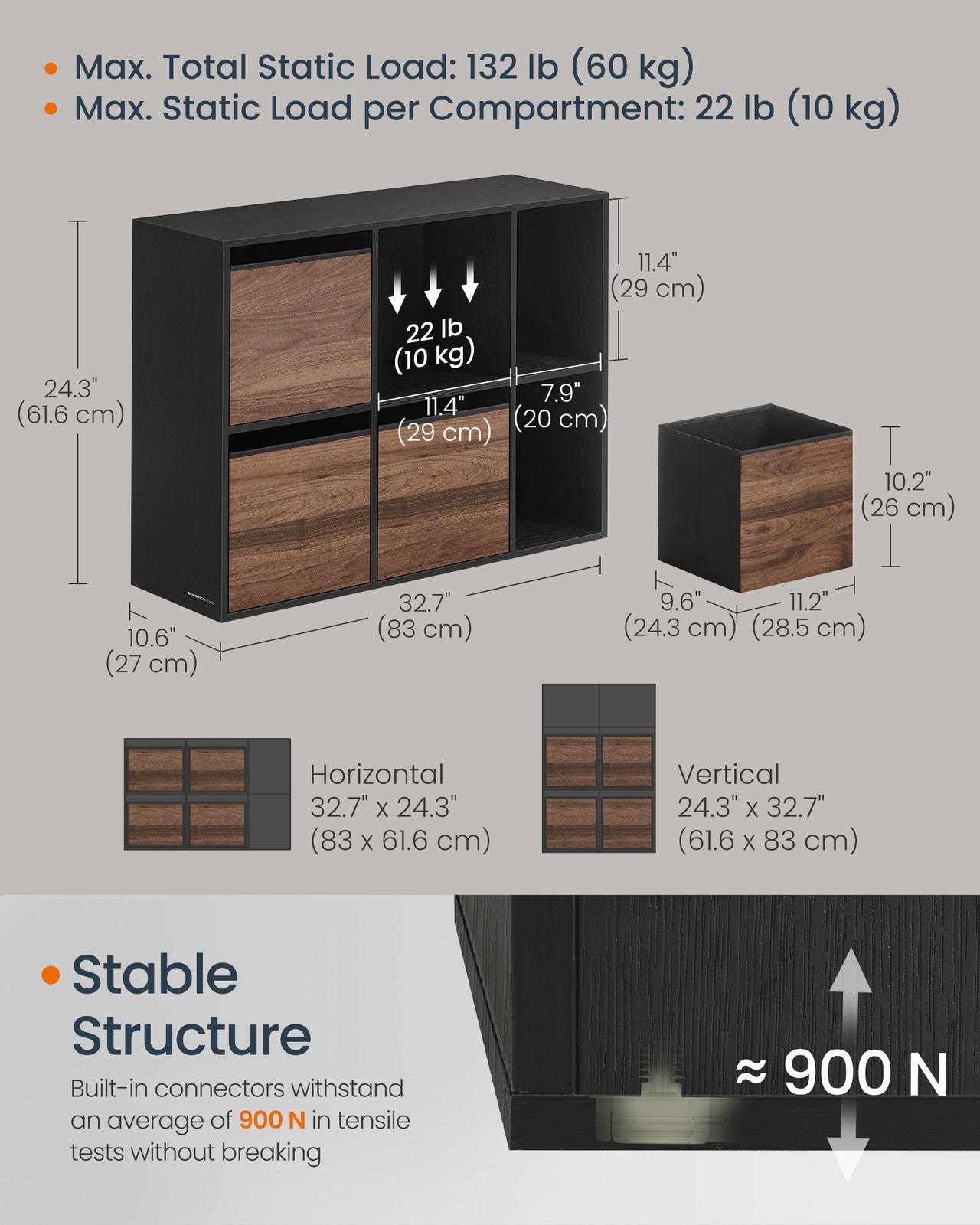 Bookshelf - Superfast Toolless Assembly - Cube Storage Organizer with 6 Compartments - Bookcase - 4 Fabric Drawers - 10.6 x 32.7 x 24.3 Inches - Natural Walnut and Ebony Black ULBC196B01 - Natural Walnut, Ebony Black