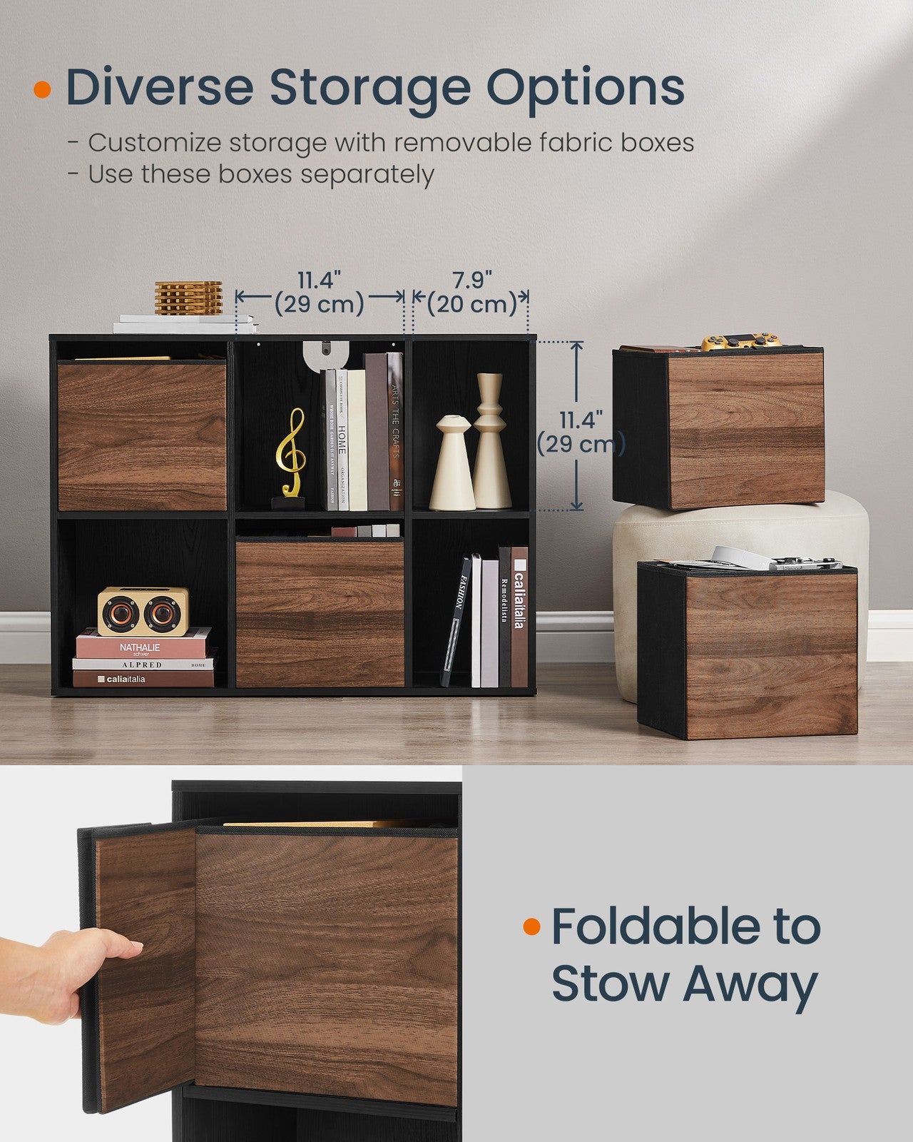 Bookshelf - Superfast Toolless Assembly - Cube Storage Organizer with 6 Compartments - Bookcase - 4 Fabric Drawers - 10.6 x 32.7 x 24.3 Inches - Natural Walnut and Ebony Black ULBC196B01 - Natural Walnut, Ebony Black