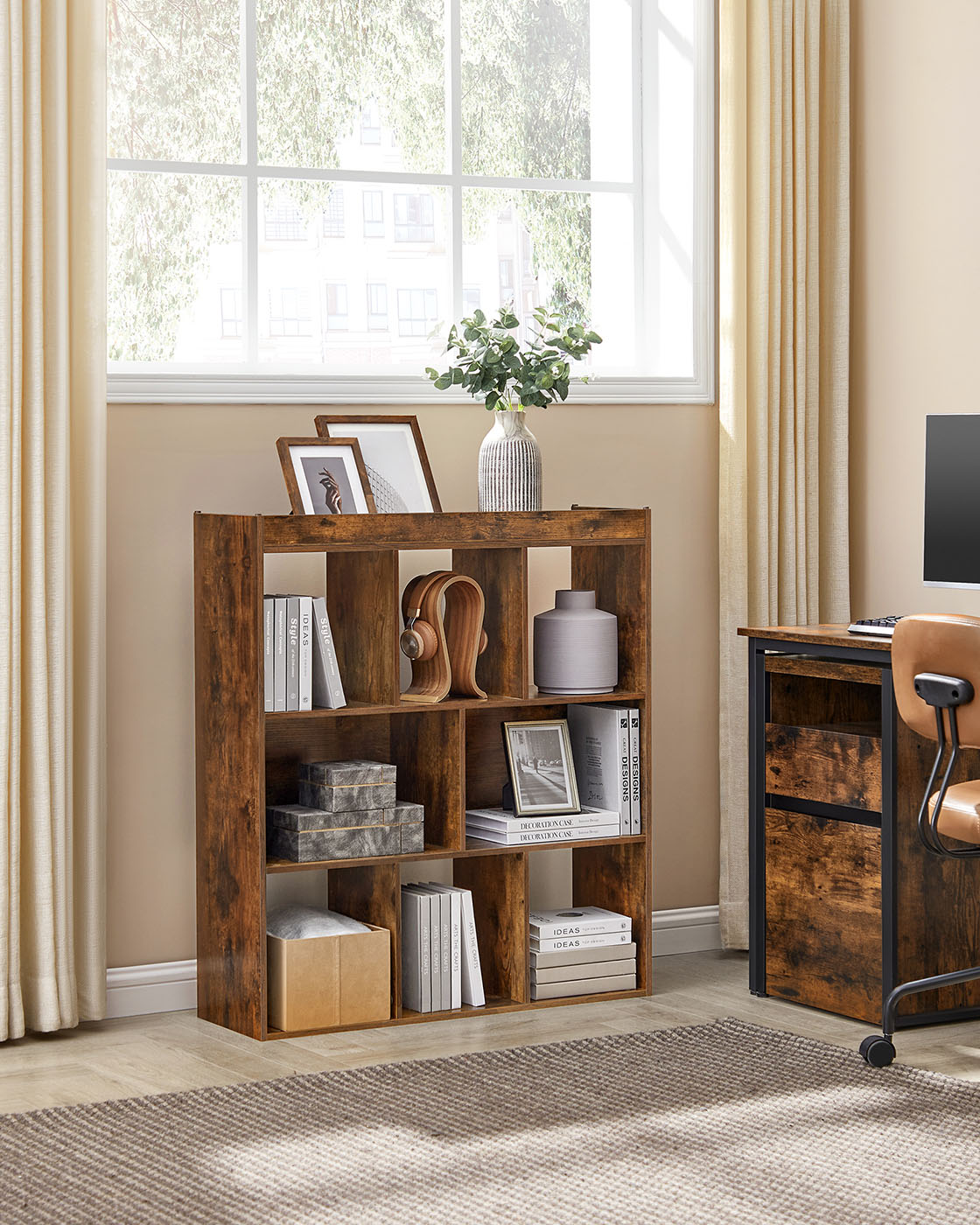 Bookcase with 8 Open Compartments - Rustic Brown