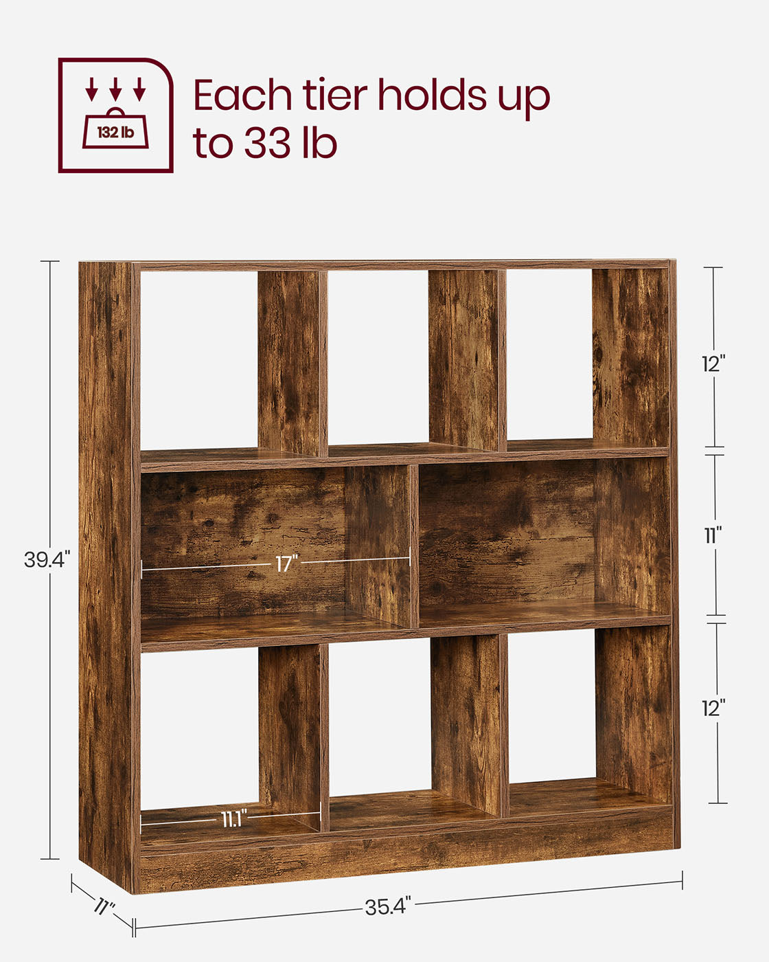 Bookcase with 8 Open Compartments - Rustic Brown