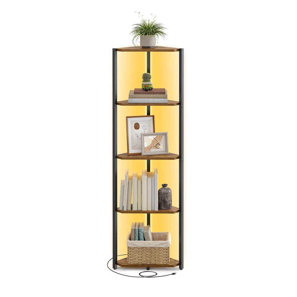 5-Tier Corner Bookshelf with LED Lights - Rustic Brown