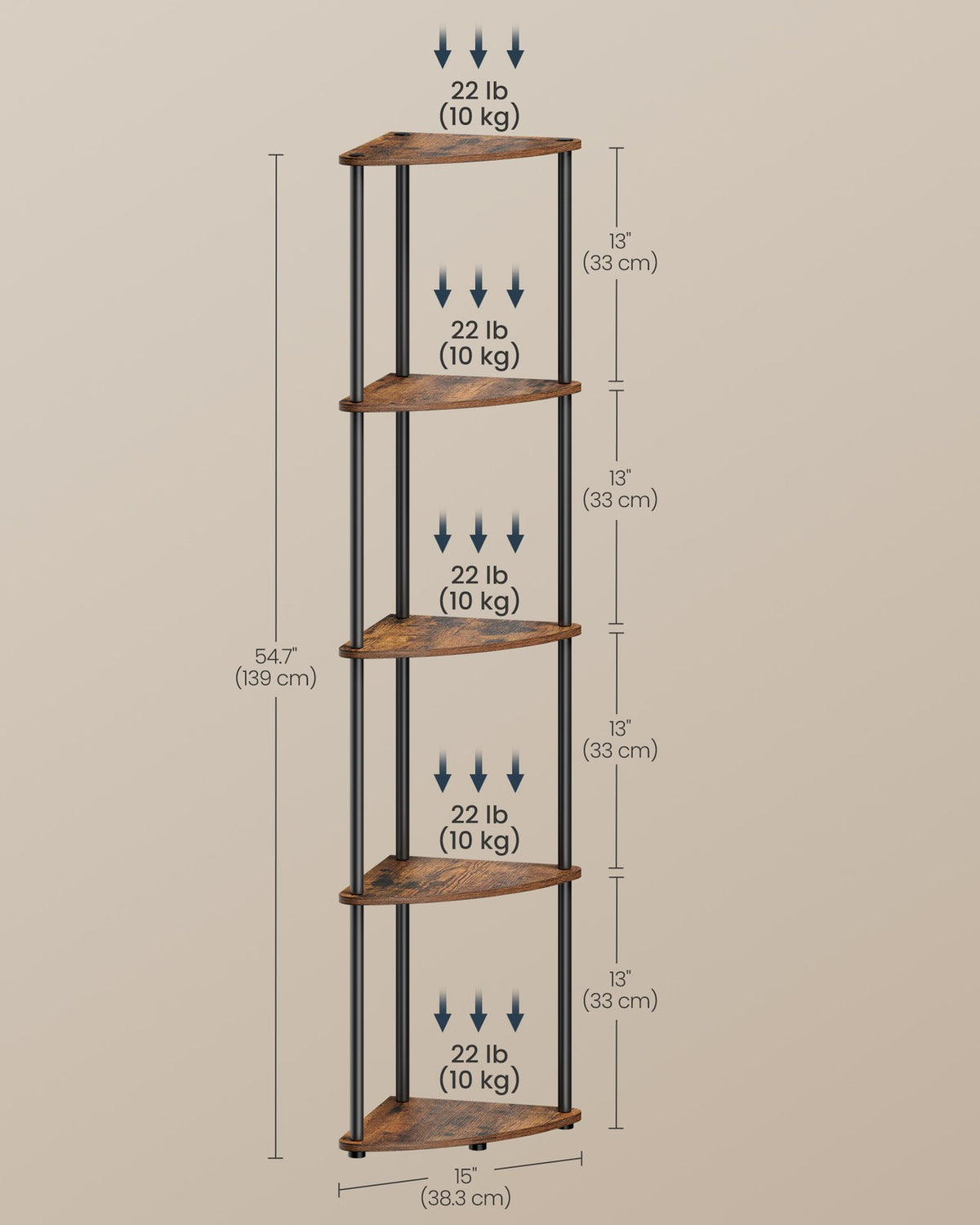 Corner Shelf - Superfast Toolless Assembly - 5-Tier Corner Standing Shelf - Corner Shelf Stand - Rustic Brown