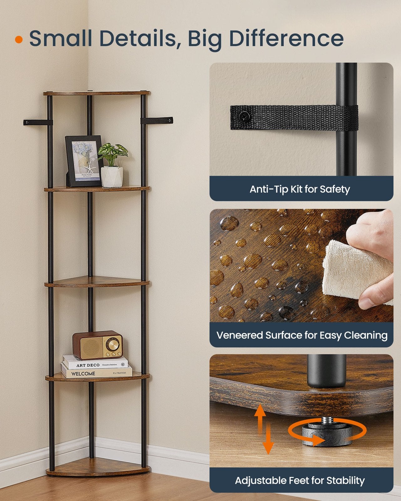 Corner Shelf - Superfast Toolless Assembly - 5-Tier Corner Standing Shelf - Corner Shelf Stand - Rustic Brown
