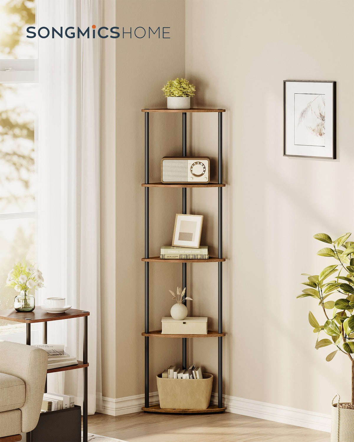 Corner Shelf - Superfast Toolless Assembly - 5-Tier Corner Standing Shelf - Corner Shelf Stand - Rustic Brown