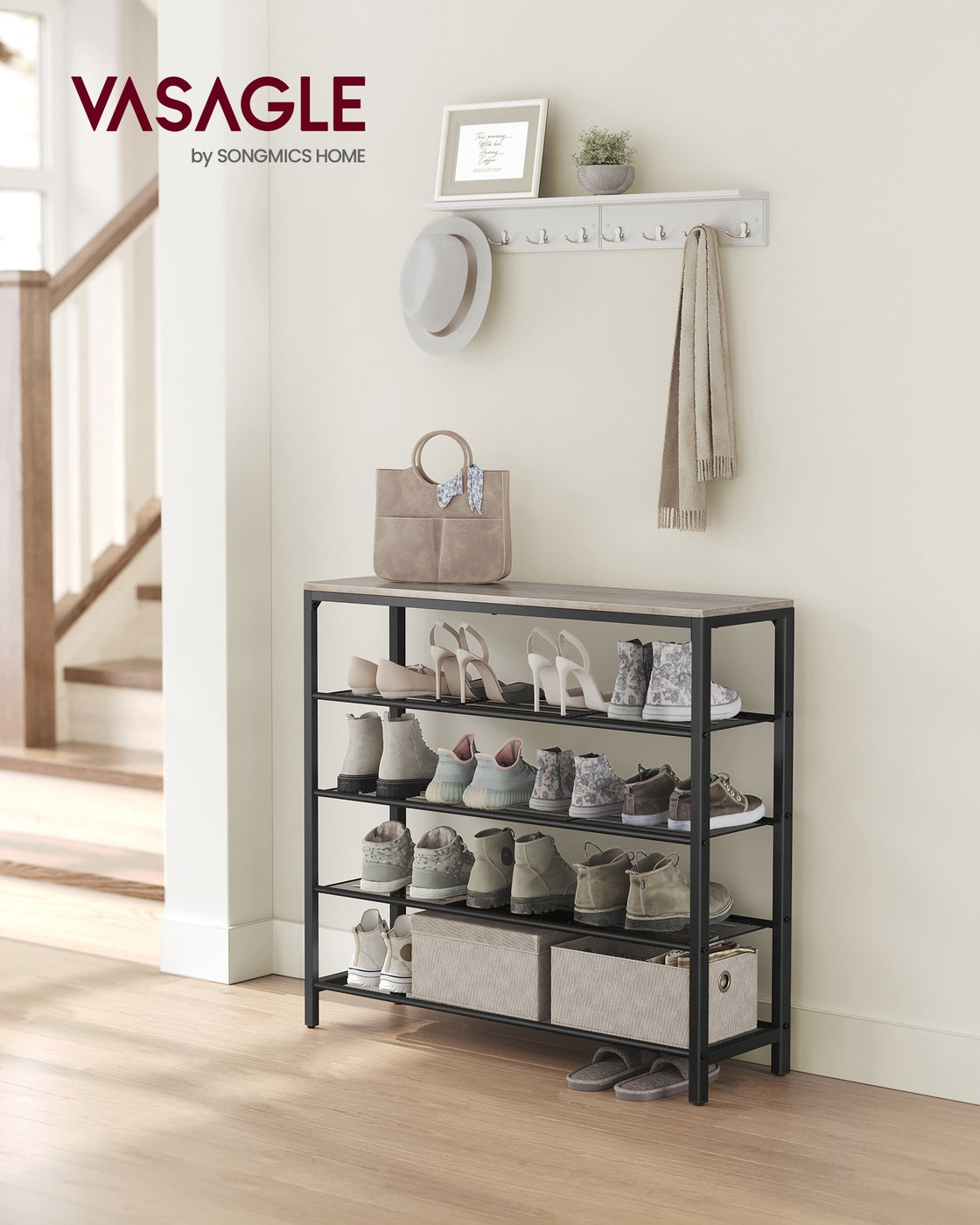 INDESTIC Shoe Rack with 4 Mesh Shelves and Large Top for Bags - Greige, Black