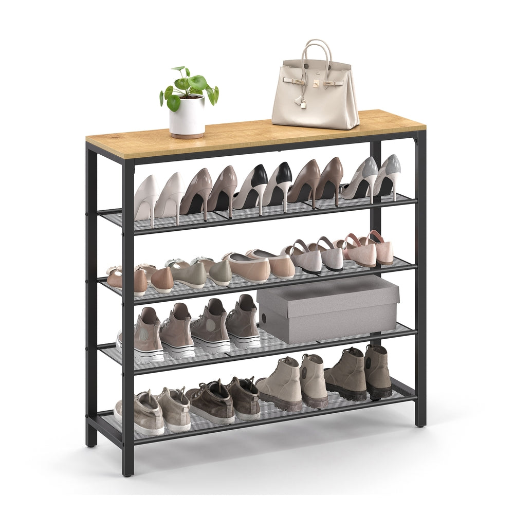 INDESTIC Shoe Rack with 4 Mesh Shelves and Large Top for Bags - Honey Brown, Black