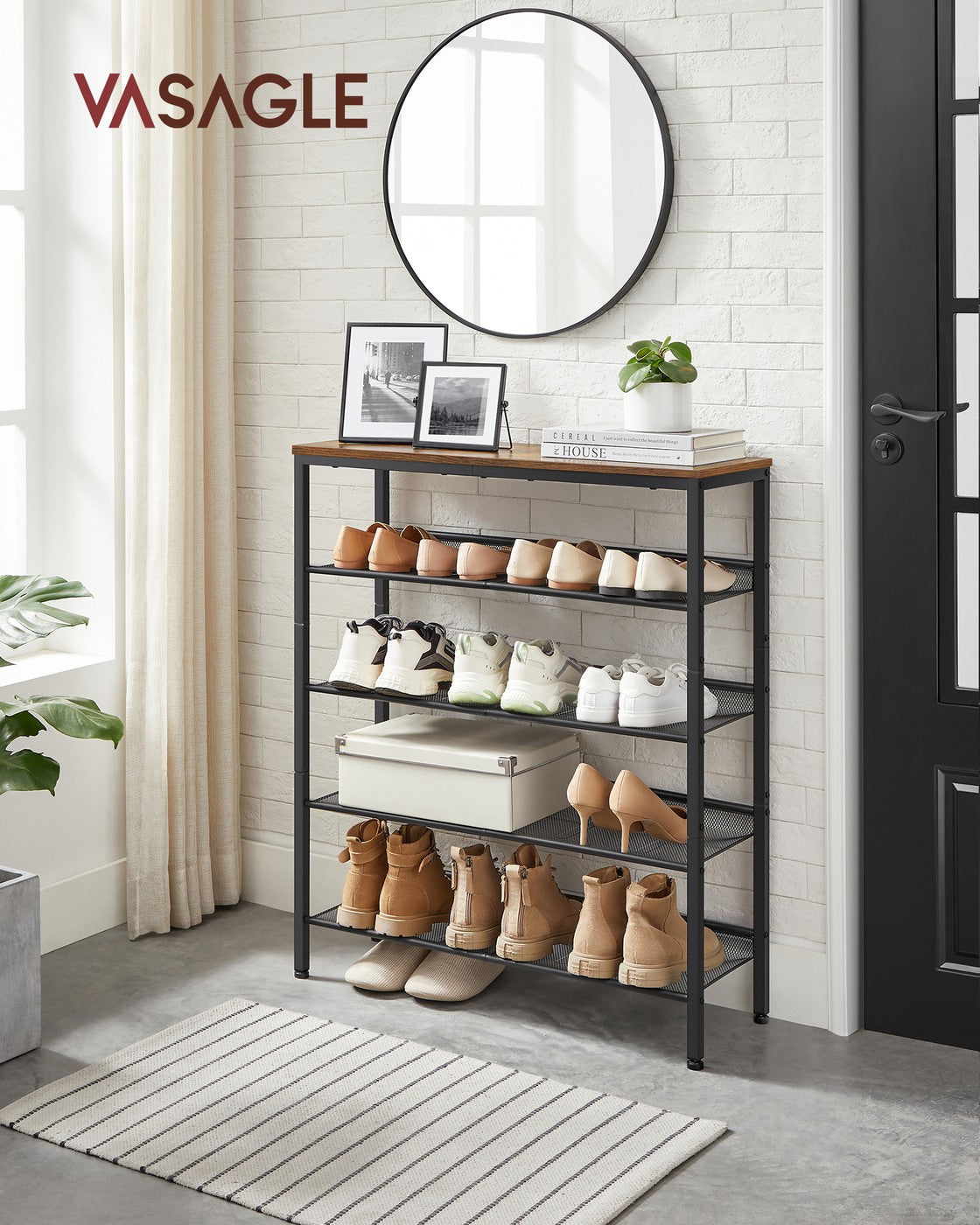 5-Tier Shoe Rack - Storage Shelves - Brown and Black - Rustic Brown, Black