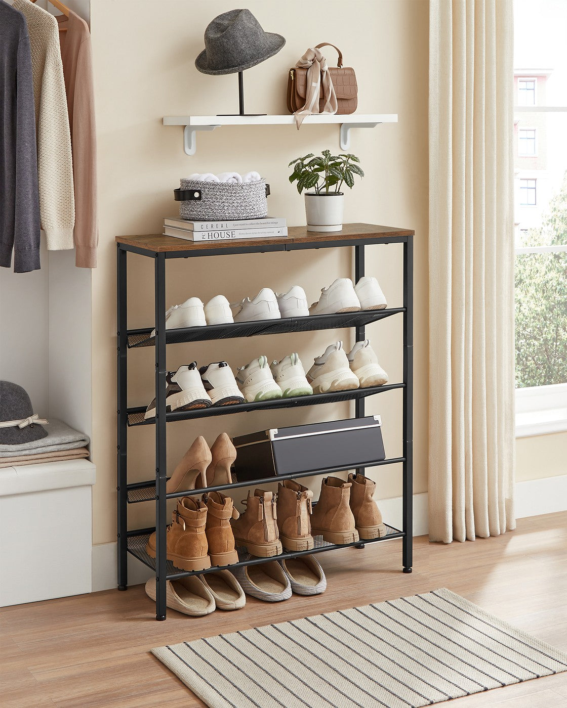 5-Tier Shoe Rack - Storage Shelves - Brown and Black - Rustic Brown, Black