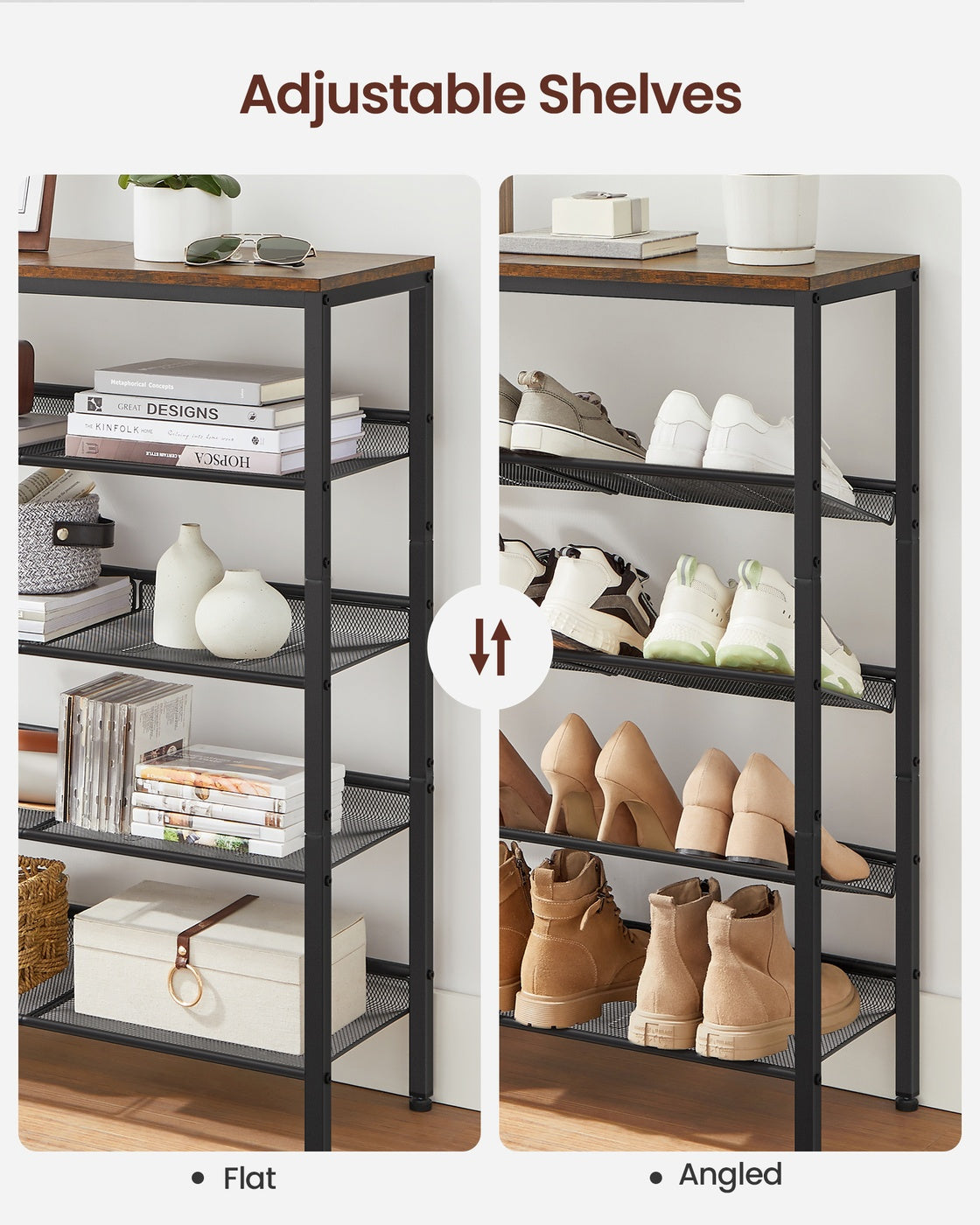 5-Tier Shoe Rack - Storage Shelves - Brown and Black - Rustic Brown, Black