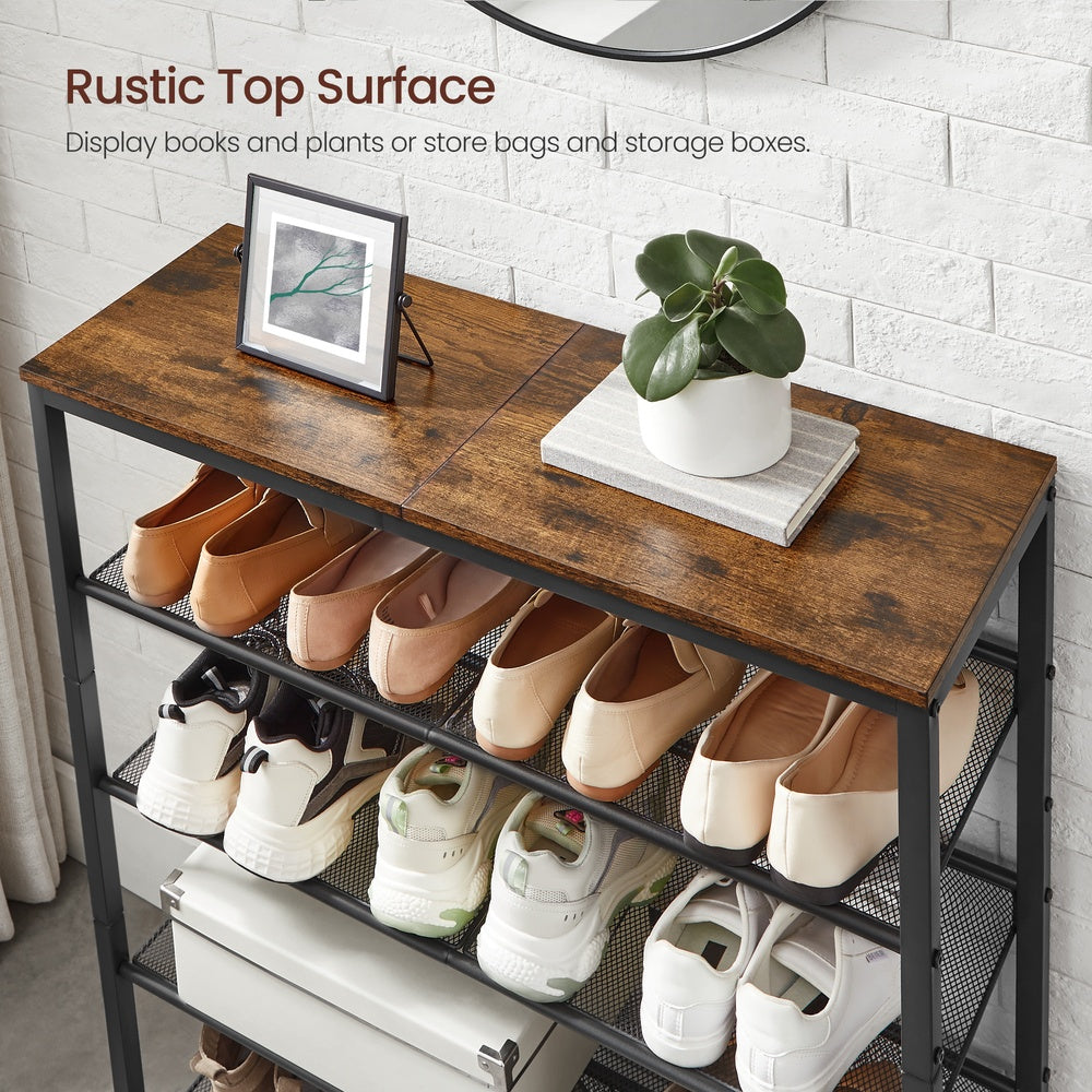 5-Tier Shoe Rack - Storage Shelves - Brown and Black - Rustic Brown, Black