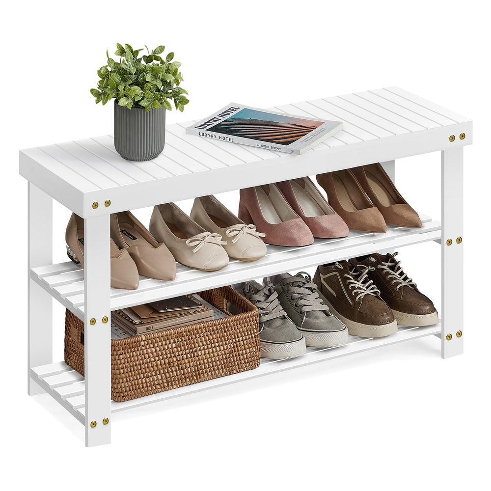 Shoe Rack Bench 3-Tier Bamboo Shoe Storage Organizer Ink Black - Cloud White - 11.3"D x 35.4"W x 17.8"H