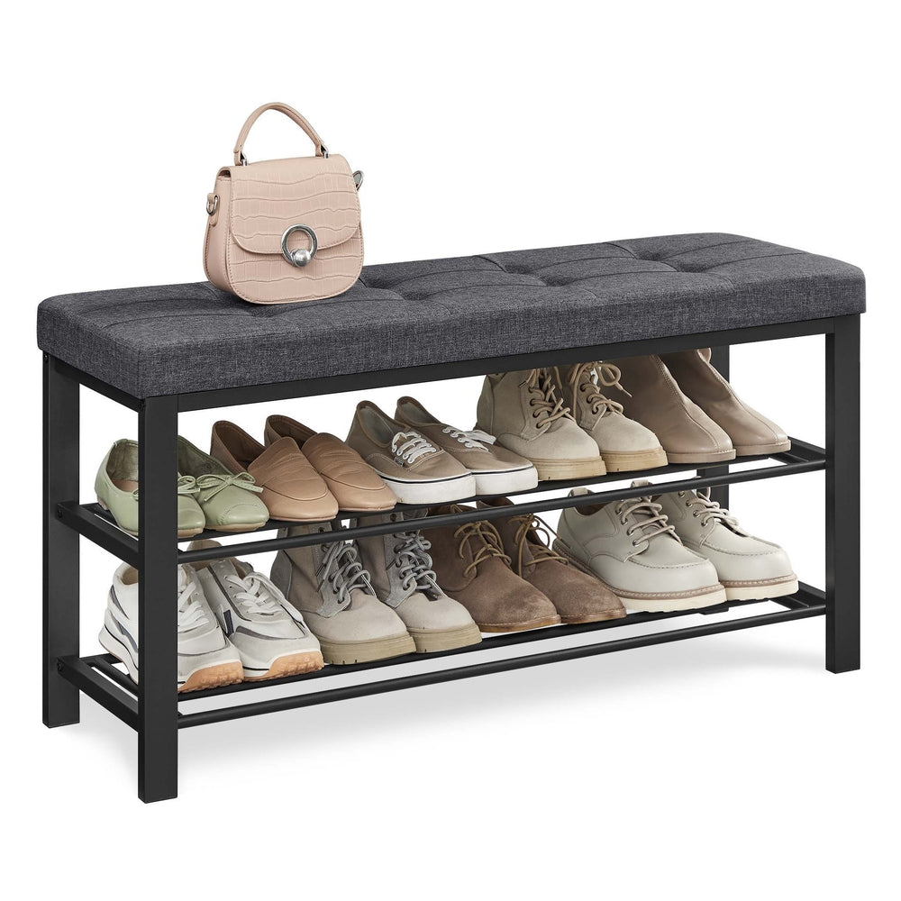 3-Tier Shoe Rack for Entryway Organizer with Foam Padded Seat - Dark Gray, Black - 12.2”D x 39.4”W x 19.3”H