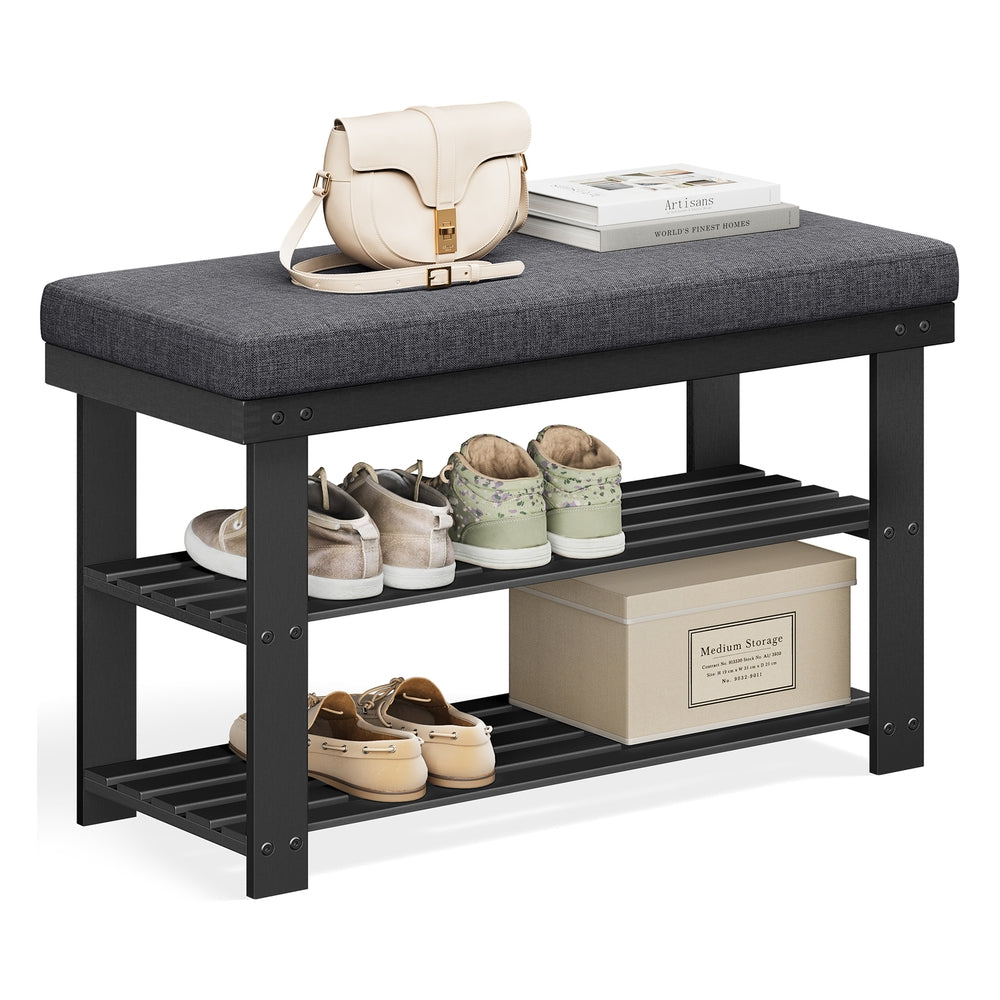 Shoe Organizer with Bench - Black, Gray - 11.4”D x 28"W x 19.3”H