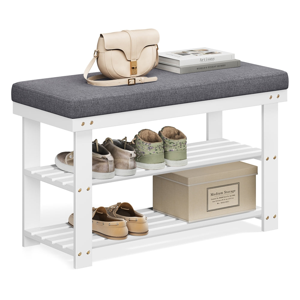Shoe Organizer with Bench - White, Gray - 11.4”D x 28"W x 19.3”H