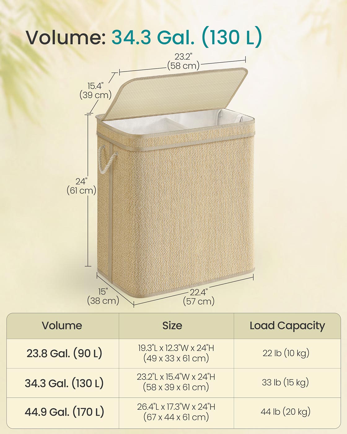 Laundry Hamper - 3-Section - 44.9 Gallon Capacity
