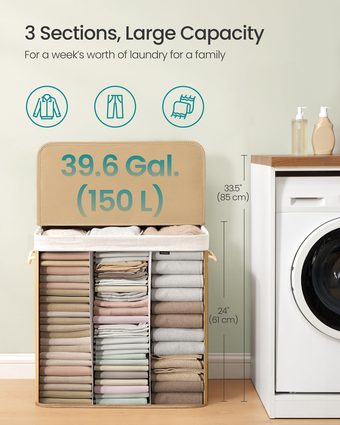 Laundry Hamper - 3-Section - 39.6 Gallon - Lid