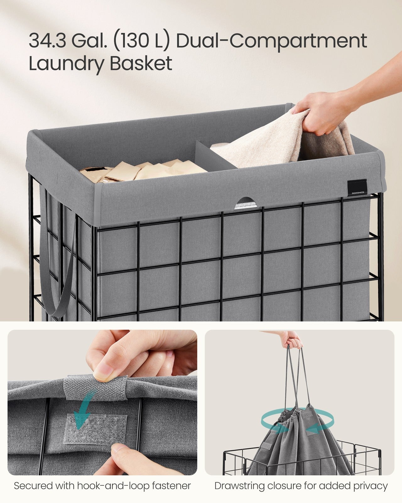 Laundry Hamper with Metal Wire Frame - 34.3 Gal. (130L) - Ink Black, Dove Gray