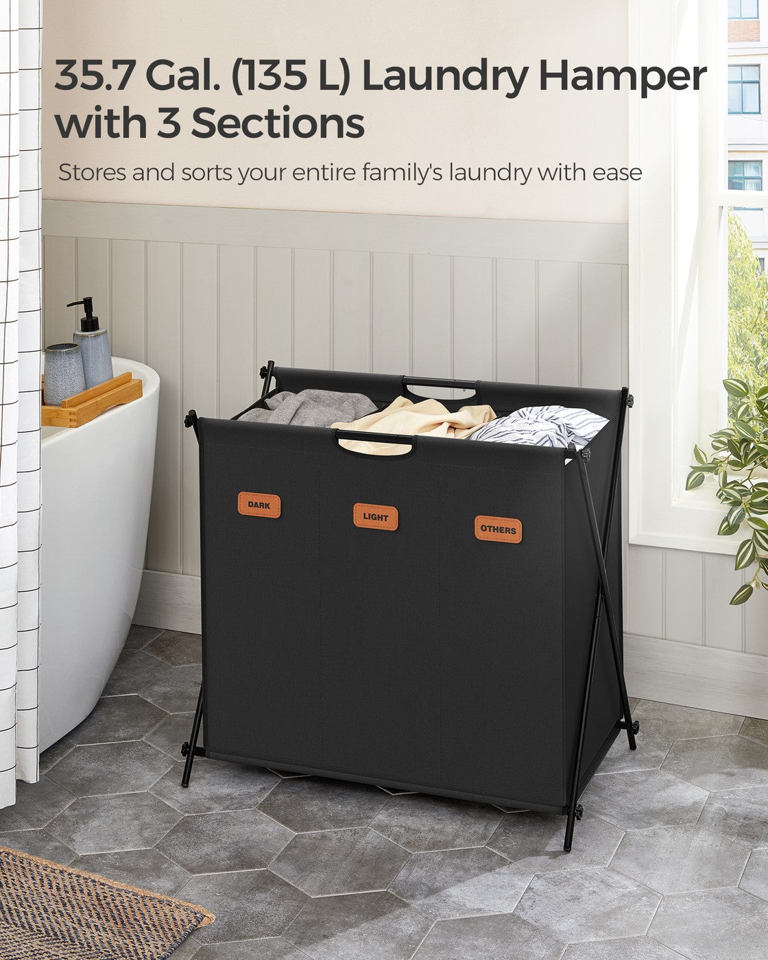 35.7 Gal. Laundry Hamper 3 Sections with Collapsible X-Frame Ink Black - Ink Black