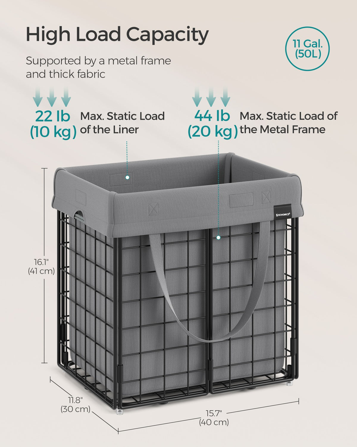 Laundry Hamper - Metal Wire Frame - 34.3 Gallon