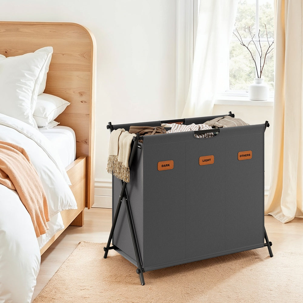 Foldable Three Section Laundry Basket with Labels