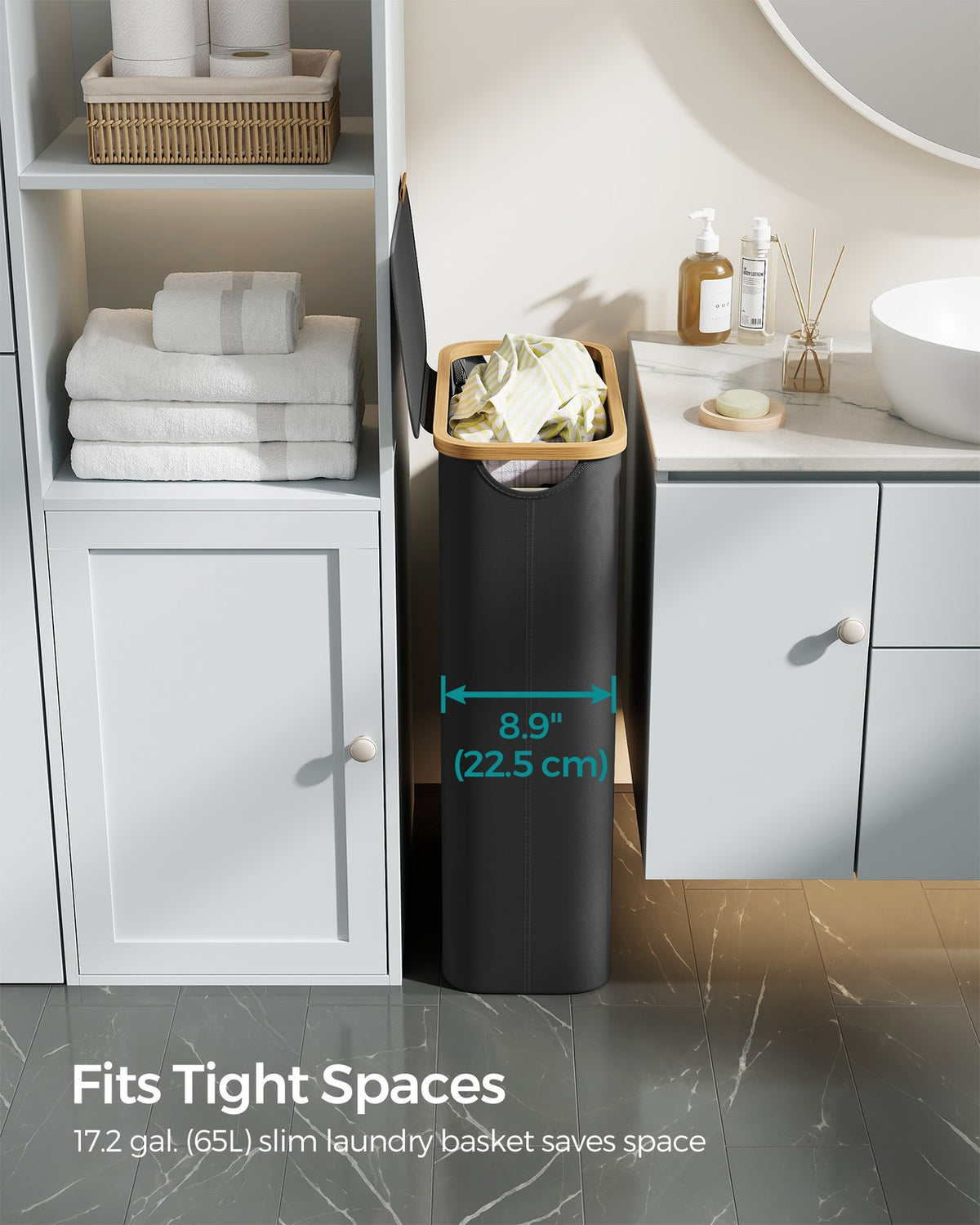 Laundry Hamper - 3-Section - Bamboo Handles - Collapsible
