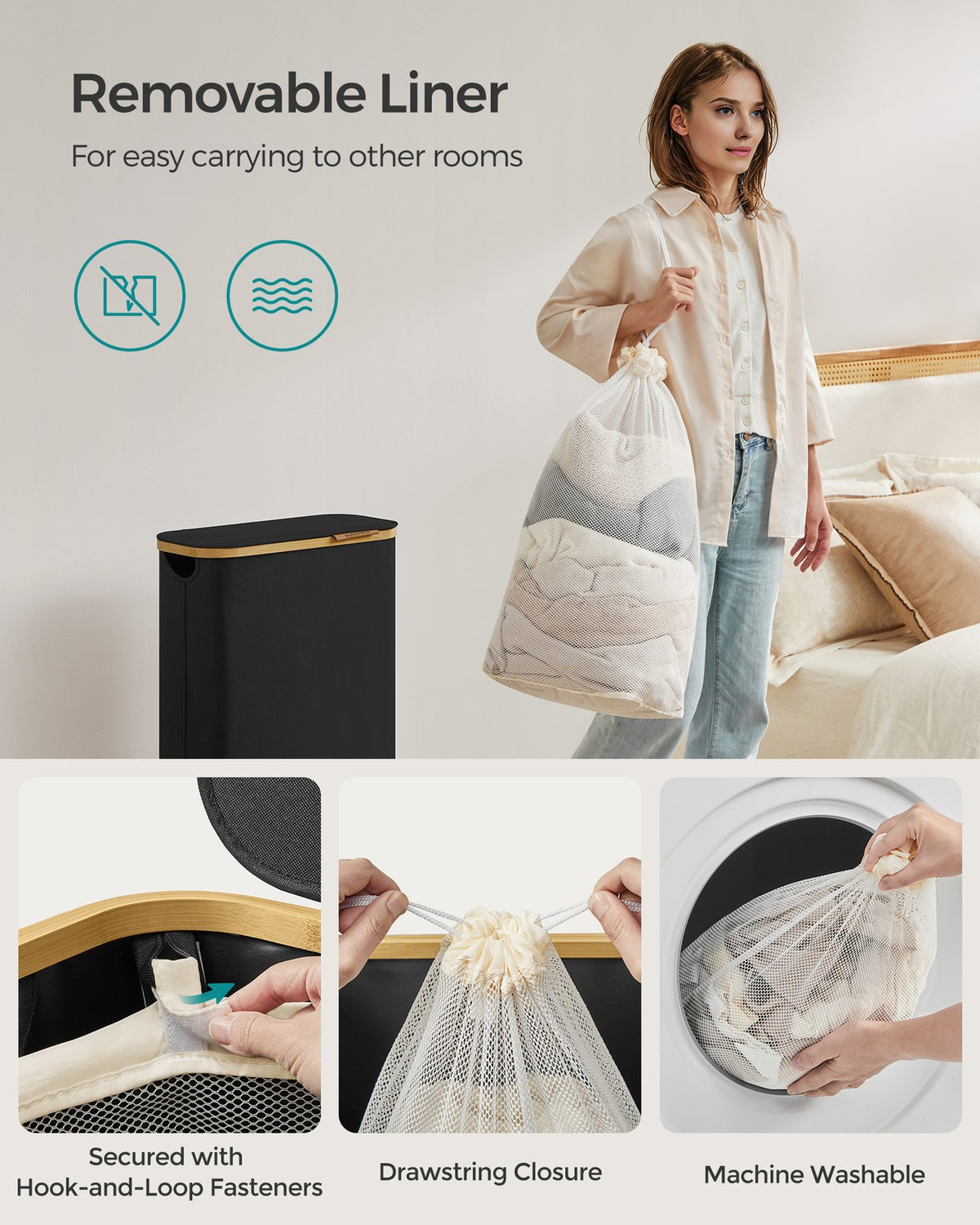 Laundry Hamper - 3-Section - Bamboo Handles - Collapsible