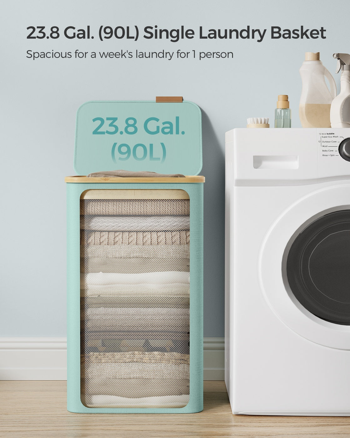 Laundry Hamper - 23.8 Gallons - 16.5 x 12.6 x 27.8 Inches - Mint Green - Mint Green
