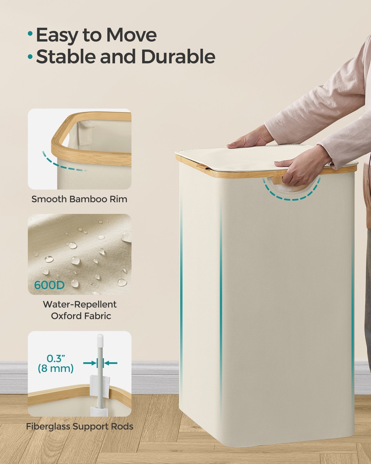 Laundry Hamper with Lid - 20.5 x 15.2 x 27.8 Inches - Cream White