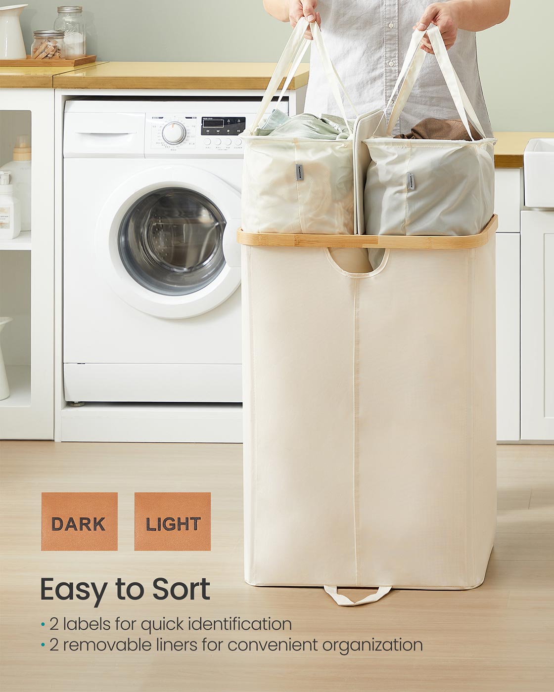 Laundry Hamper 2 Compartments 39 Gal. (150 L) Cream White and Light Bamboo - Cream White, Light Bamboo