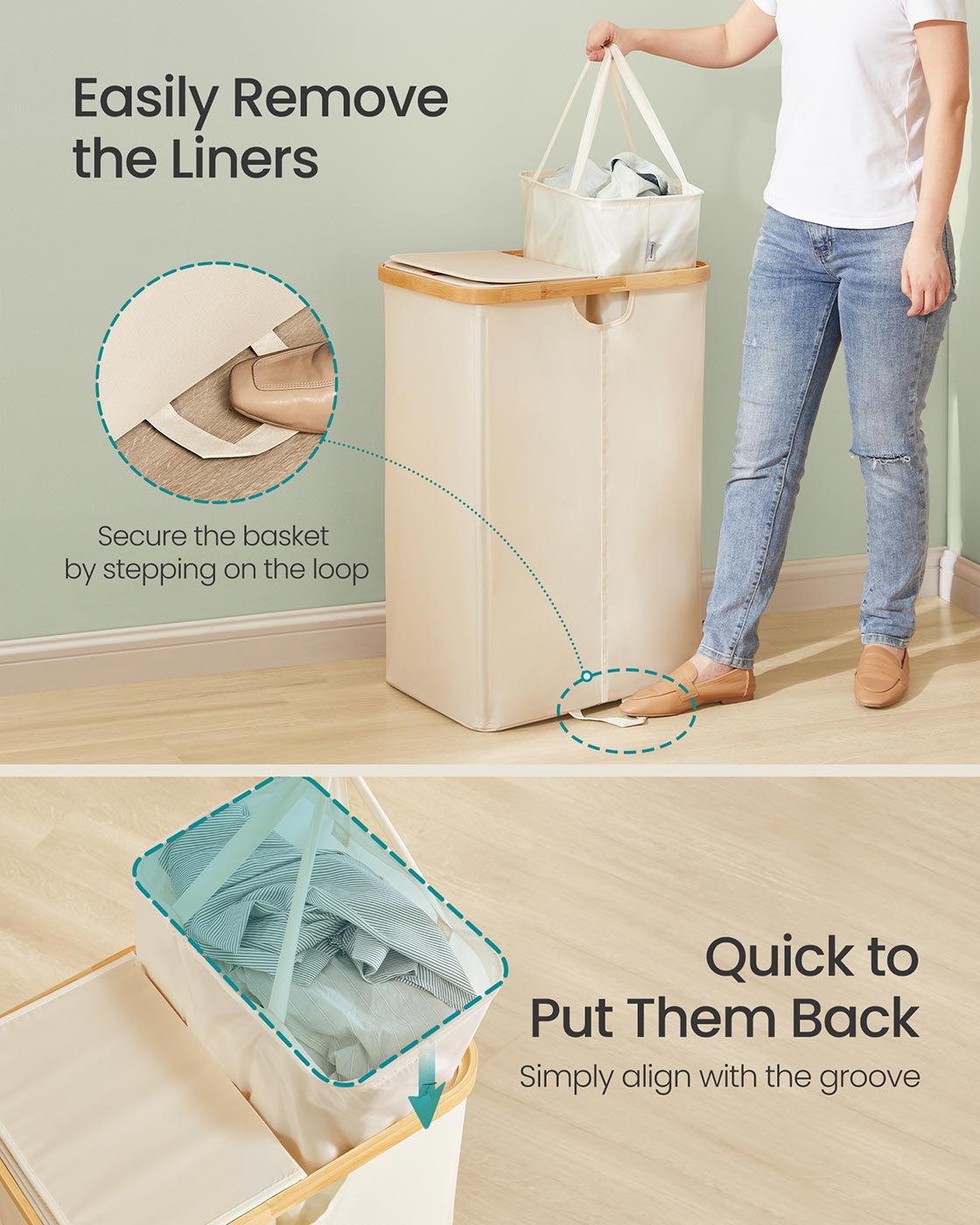 Laundry Hamper 2 Compartments 39 Gal. (150 L) Cream White and Light Bamboo - Cream White, Light Bamboo