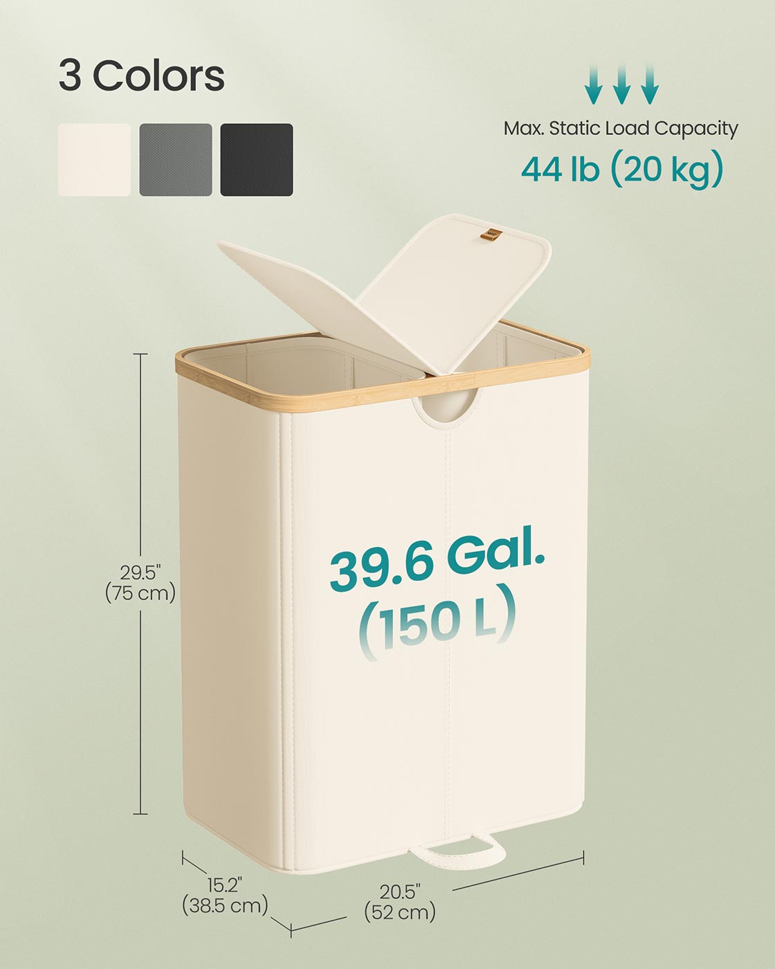 Laundry Hamper 2 Compartments 39 Gal. (150 L) Cream White and Light Bamboo - Cream White, Light Bamboo