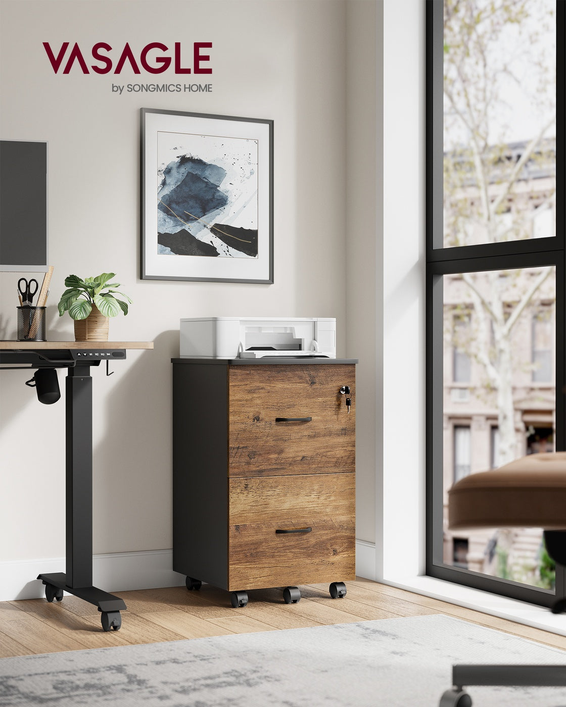 2-Drawer Rolling File Cabinet for Home Office - Honey Brown, Ink Black