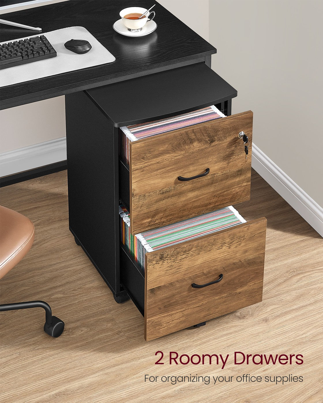 2-Drawer Rolling File Cabinet for Home Office - Honey Brown, Ink Black