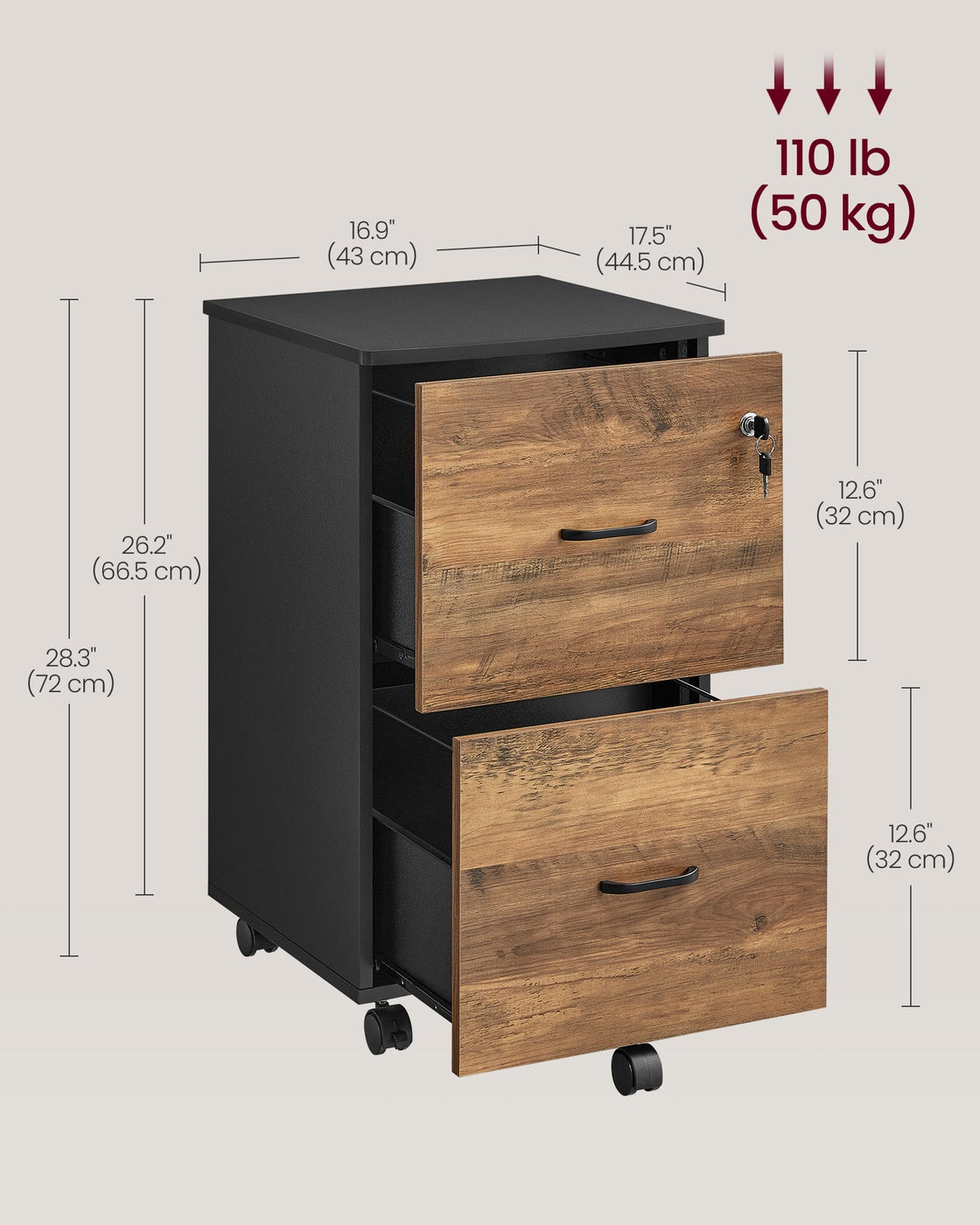 2-Drawer Rolling File Cabinet for Home Office - Honey Brown, Ink Black