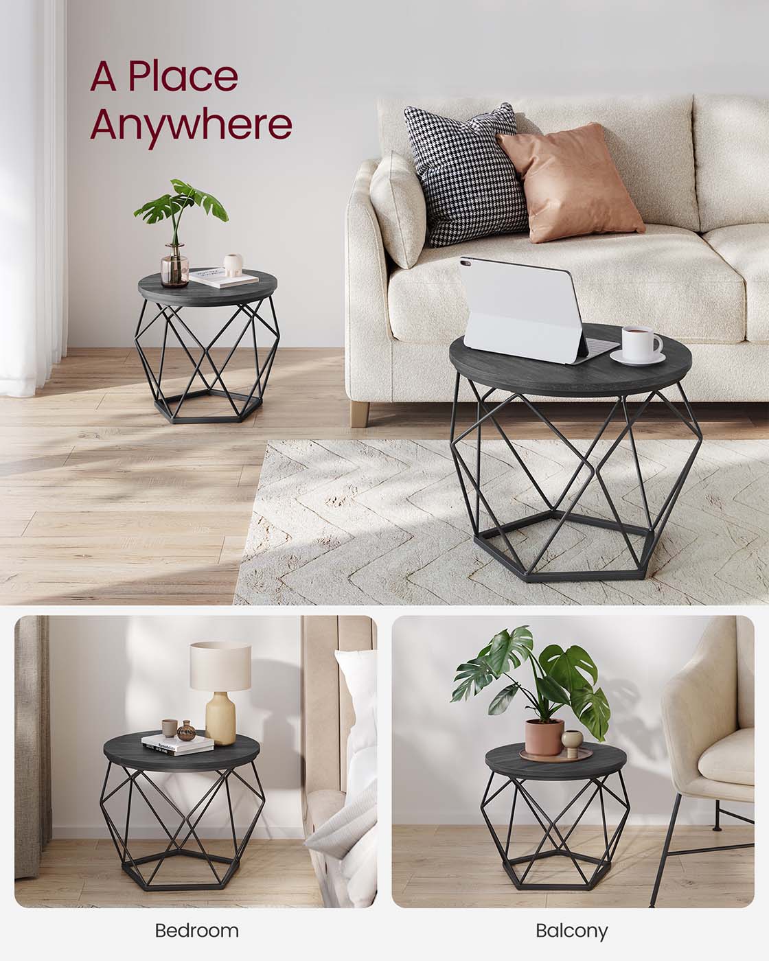 Round Coffee Table with Steel Frame Set of 2 - Charcoal Gray, Ink Black